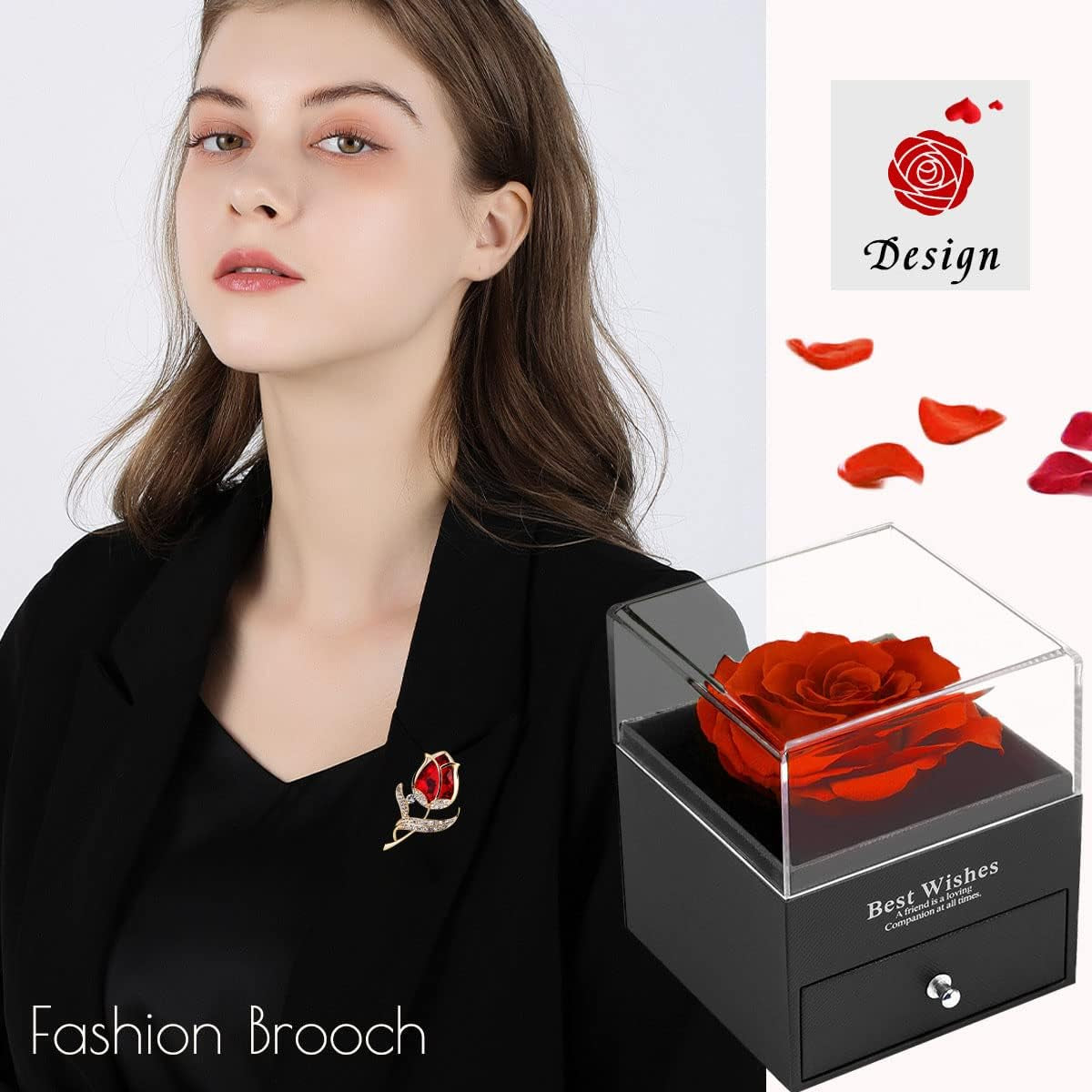 Preserved Red Rose Gift Box- Enchanted Real Roses with Ruby Brooch, Eternal Rose Flower in Jewelry Box, Handmade Rose,Forever Red Rose Gift for Her on Christmas Mother'S Day, Anniversary.