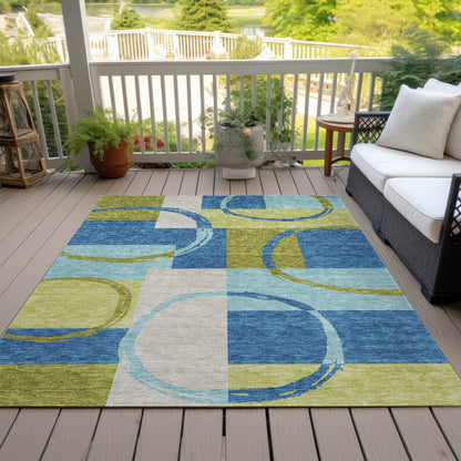5' X 8' Denim Blue And Lime Green Geometric Washable Indoor Outdoor Area Rug