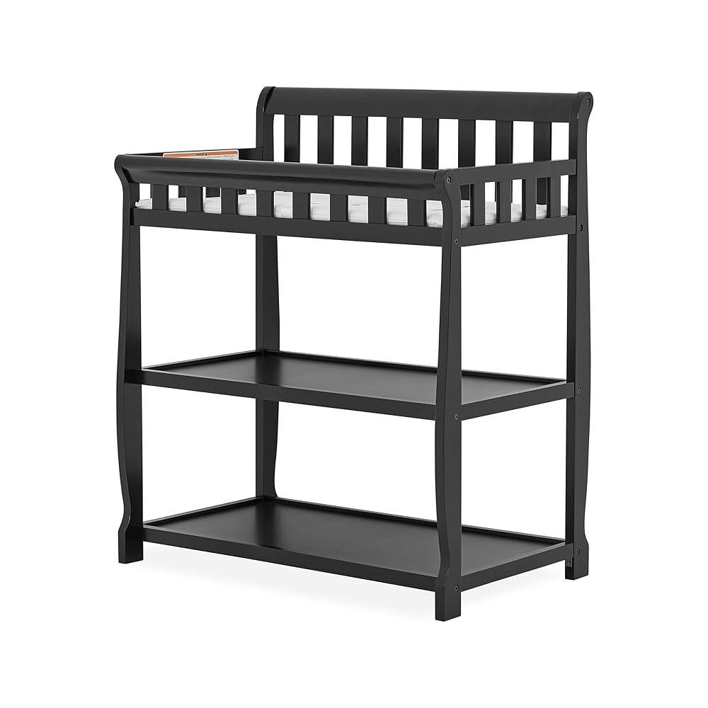 Modern Black Wooden Baby Changing Table with Safety Rail Mattress Pad and Strap